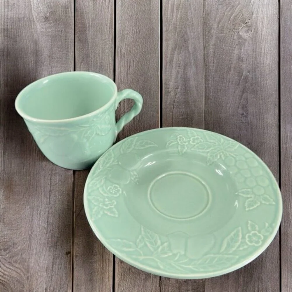 Savoir Vivre Fruit Promenade Celadon Porcelain Ceramic Teacup And Saucer Set VTG